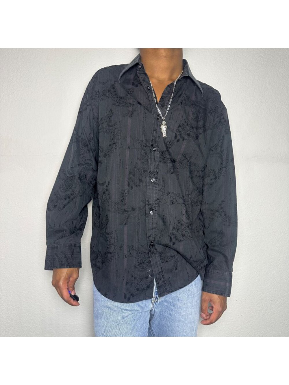 Eight Avenue Men XL Button Up Dress Shirt Floral Paisley Pattern Velour Black